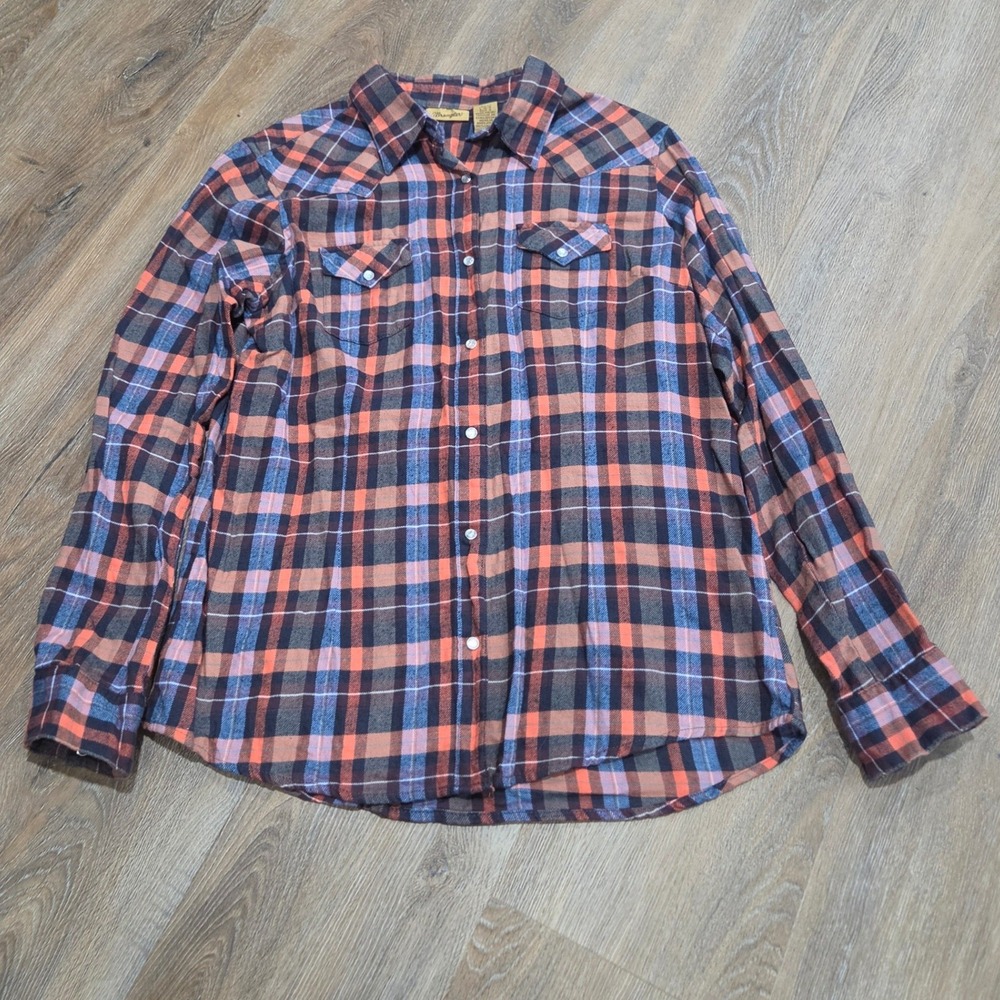 Wrangler Womens Orange Blue Plaid Western Snap Front Shirt LW011FA Large